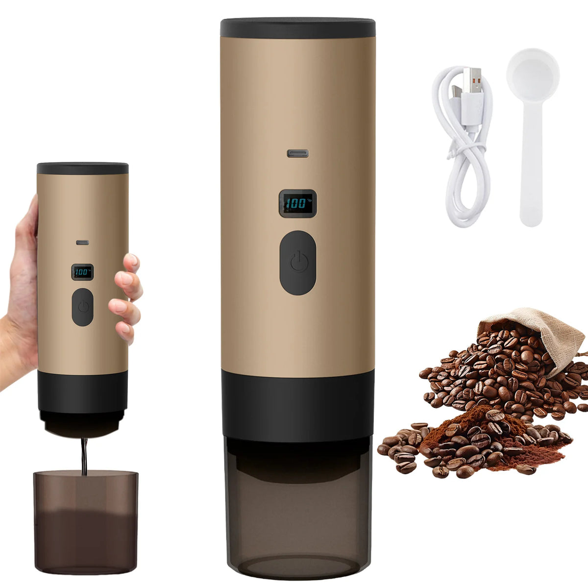Cafetera portátil color champán, con cuchara dosificadora y café en grano