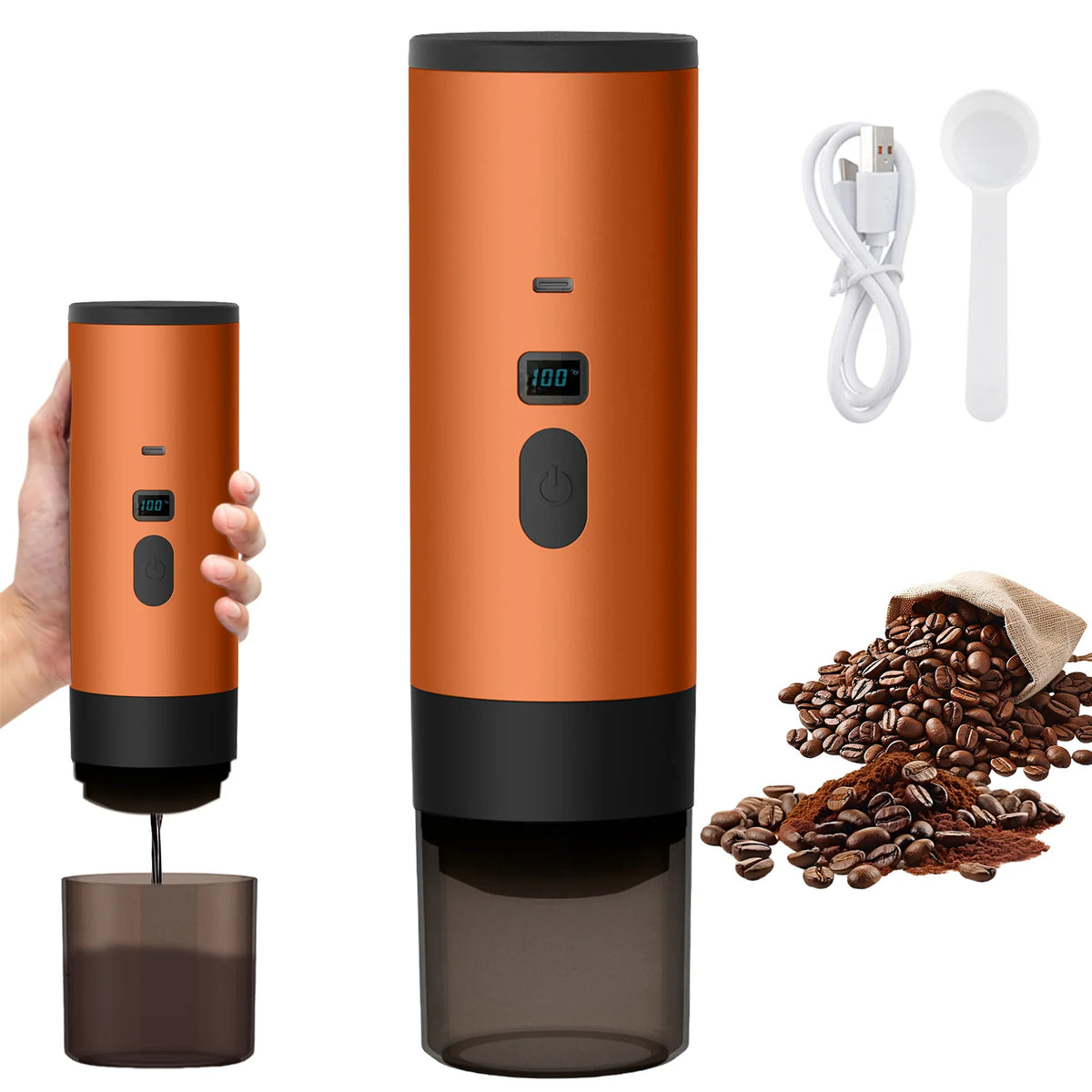 Cafetera portátil color naranja sujeta en la mano