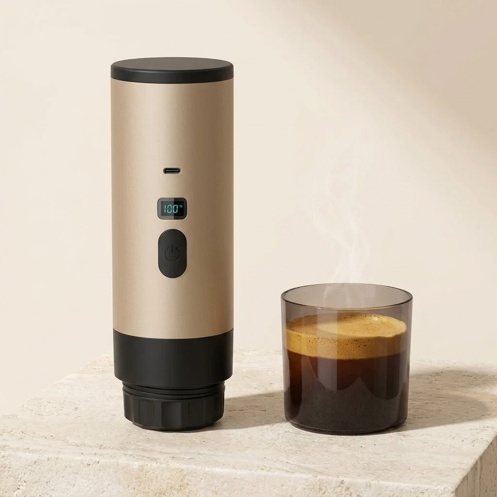 AnywhereCoffee color champán junto a su vaso incluido con un espresso recién hecho