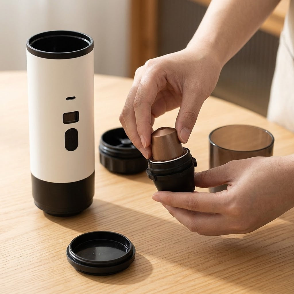 Colocando una cápsula pequeña en el adaptador de AnywhereCoffee