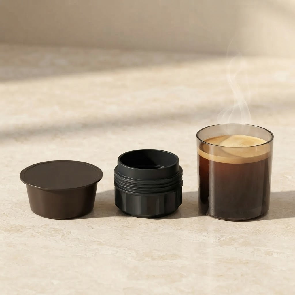 Cápsula grande, adaptador y el vaso de AnywhereCoffee con café