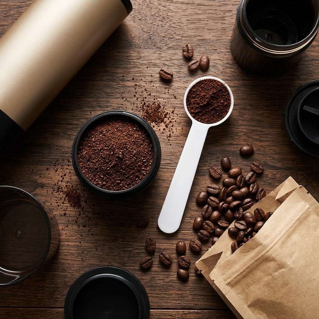 Filtro con café molido, cuchara dosificadora y granos de café