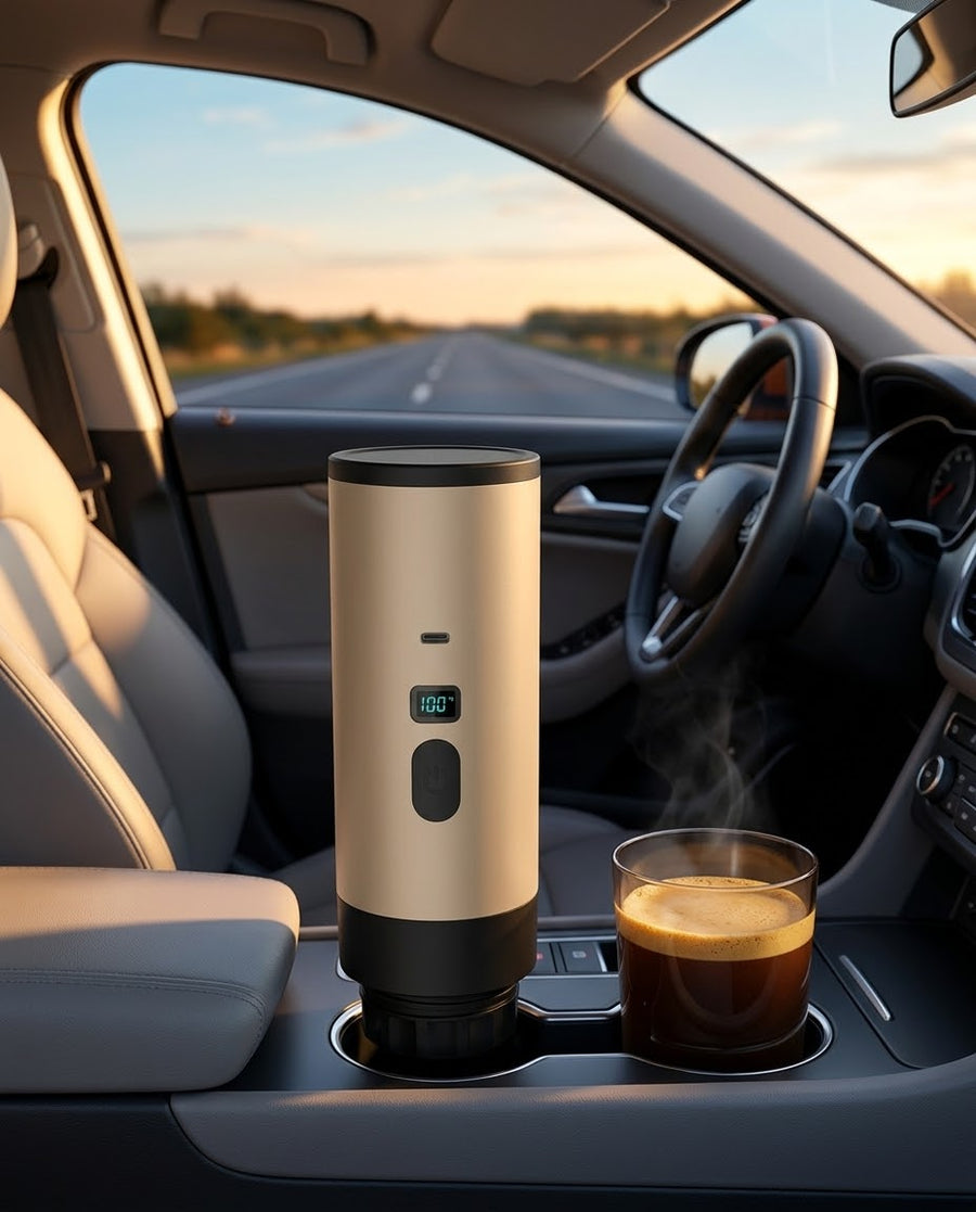 AnywhereCoffee en el posavasos del coche junto a su vaso con espresso