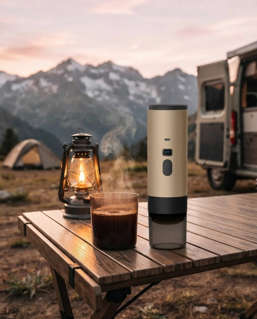 AnywhereCoffee de camping al atardecer junto a su vaso con café humeante