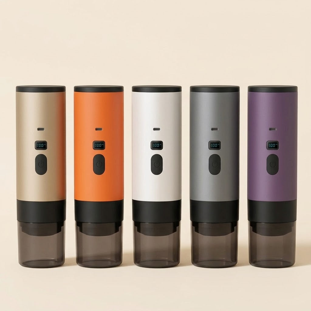 Los cinco colores de AnywhereCoffee: champán, naranja, blanco perla, gris y morado